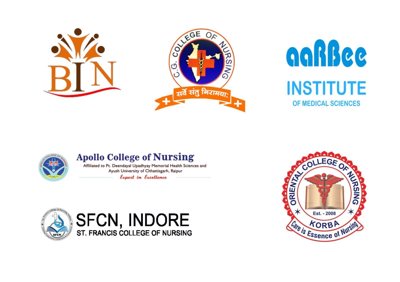BIN, C.G. College of Nursing, aaRBee Institute of Medical Sciences, Apollo College of Nursing, SFCN Indore (St. Francis College of Nursing), and Oriental College of Nursing Korba
